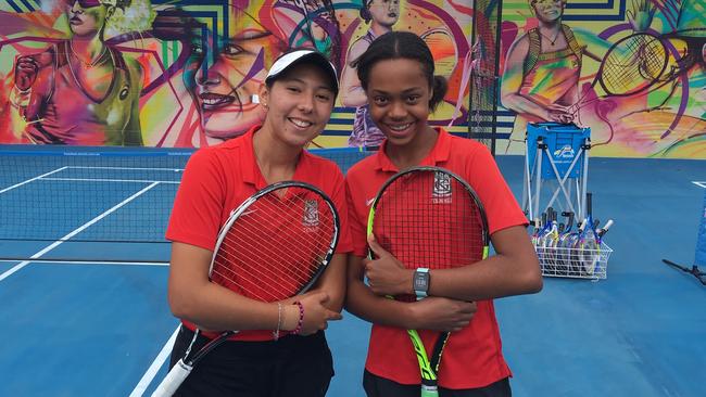 Kelvin Grove State High School tennis players Javiera Castro and Lily Taylor.