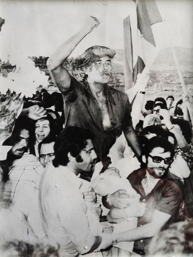 George Charalombopoulos's father, Ioannis who was later Greece's foreign minister, being released from enforced exile.