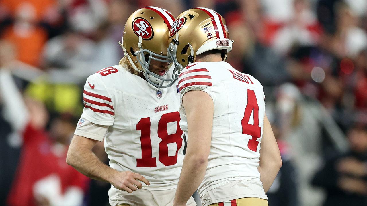 LAS VEGAS, NEVADA - FEBRUARY 11: Jake Moody #4 of the San Francisco 49ers celebrates a 53 yard field goal with Mitch Wishnowsky #18 of the San Francisco 49ers during the fourth quarter during Super Bowl LVIII at Allegiant Stadium on February 11, 2024 in Las Vegas, Nevada. Jamie Squire/Getty Images/AFP (Photo by JAMIE SQUIRE / GETTY IMAGES NORTH AMERICA / Getty Images via AFP)