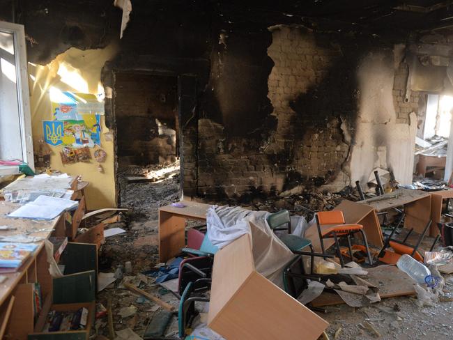 Damage to a classroom hit by a Russian air bomb in Kharkiv. Picture: AFP