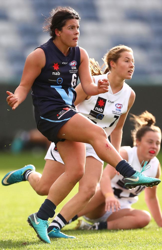 Vic Metro's Madison Prespakis kicks long during the Under-18 AFLW championships. Picture: Kelly Defina.