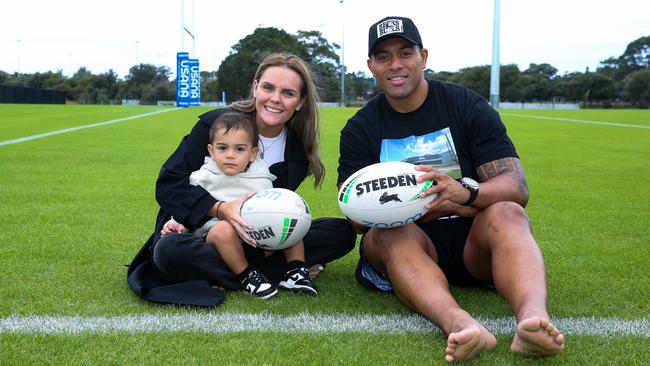 Tatola with his son Mateo and fiance Shannon Massey will be a part of the SSFC family for a while to come. Picture Newscorp Daily Telegraph/Gaye Gerard