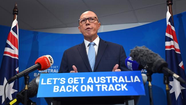 Leader of the Opposition Peter Dutton speaks to the media during a press conference on Day 1 of the 2025 federal election campaign, in Brisbane, Friday, March 28, 2025. (AAP Image/Jono Searle) NO ARCHIVING