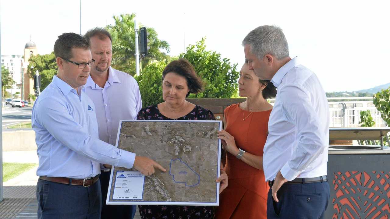 Whitehaven's Todd Harrington, Capricornia candidate Russell Robertson, Mackay MP Julieanne Gilbert, Dawson candidate Belinda Hassan and Queensland senator Anthony Chisholm talk about the new mine at Winchester South. Picture: Caitlan Charles