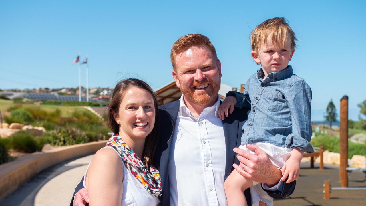 Labor's candidate for the seat of Black Alex Dighton with wife Claire and son Albie. Picture: Supplied