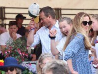 BADMINTON, GLOUCESTERSHIRE - MAY 12: Peter Phillips and Savannah Phillips attend the final day of the Badminton Horse Trials 2024 at Badminton House on May 12, 2024 in Badminton, Gloucestershire. (Photo by Chris Jackson - Pool/Getty Images)