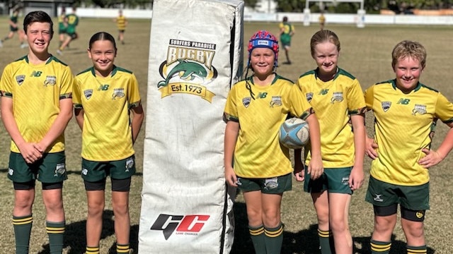 Surfers Paradise rugby union juniors (from left) Jacob Nancarrow, Te Anahera Walton, Flynn Webster, Dakota Curran and Sebastian Page. Picture: Supplied.