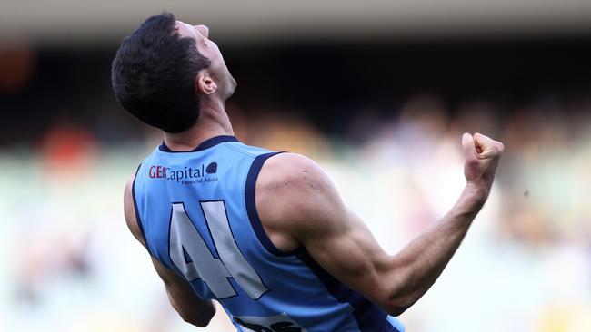 Sturt’s Matthew Crocker celebrates on the siren of last year’s preliminary final. Picture: Sarah Reed