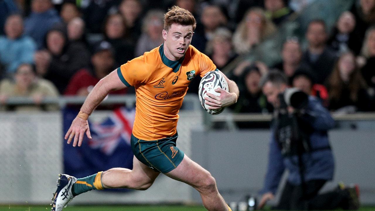 Andrew Kellaway runs in his try against the All Blacks at Eden Park. Picture: Dave Rowland/Getty Images