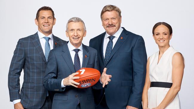 Luke Hodge, Bruce McAvaney, Brian Taylor and Daisy Pearce are part of Channel 7's Footy commentary team in 2020. Picture: Channel 7