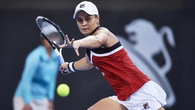 Ash Barty plays a shot against Pre``