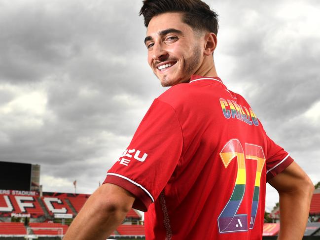 ADELAIDE UNITED PRIDE GAME. Adelaide United soccer player Josh Cavallo at Coopers Stadium Hindmarsh, on the 21st Feb, 2022. Picture: Tricia Watkinson