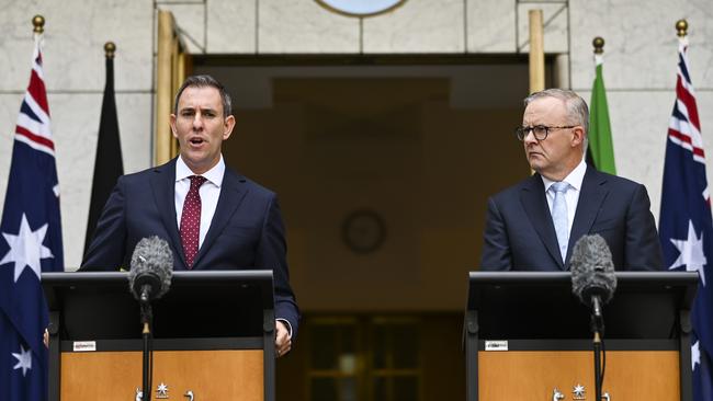 Anthony Albanese and Treasurer Jim Chalmers hold a press conference at Parliament House in Canberra. Picture: NCA NewsWire / Martin Ollman