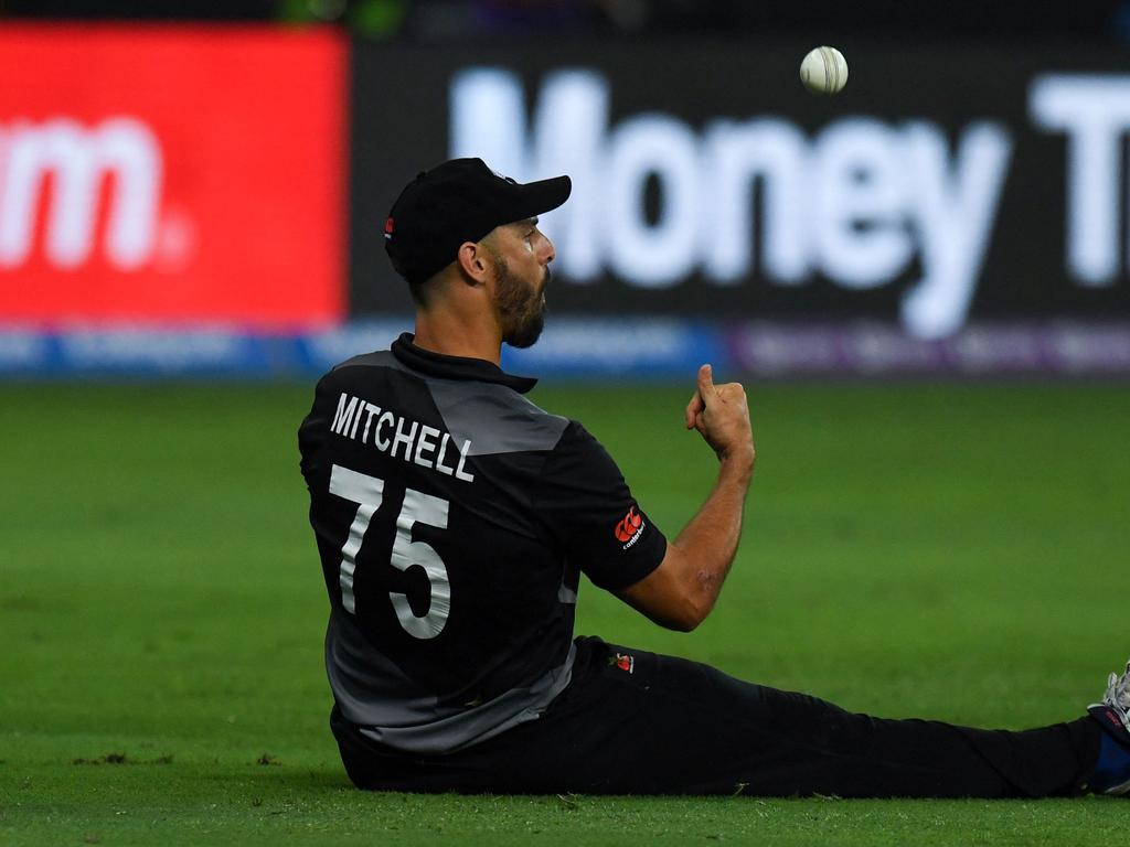 Daryl Mitchell celebrates after taking a catch to dismiss Australia’s captain Aaron Finch. Picture: AFP