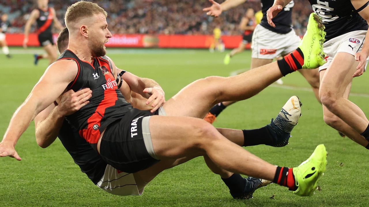 Sam Docherty tackles Jake Stringer during their round 13 match. Picture: Robert Cianflone/Getty Images