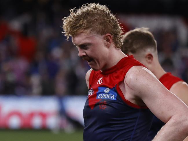 MELBOURNE, AUSTRALIA - AUGUST 02:  A dejected Clayton Oliver of the Demons is seen the round 21 AFL match between Footscray Football Club and Melbourne Demons at Marvel Stadium, on August 02, 2024, in Melbourne, Australia. (Photo by Darrian Traynor/Getty Images)