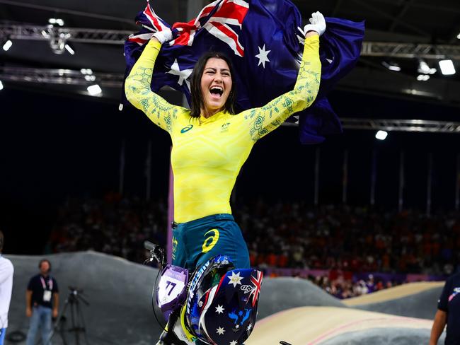 Saya Sakakibara celebrates after winning gold in the BMX racing final. Picture: Pete Dovgan/Speed Media/Icon Sportswire via Getty Images