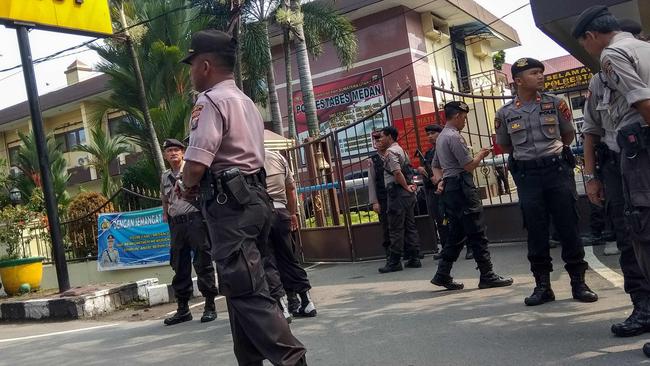 Indonesian police securing their headquarters in Medan, North Sumatra. Picture: ATAR / AFP