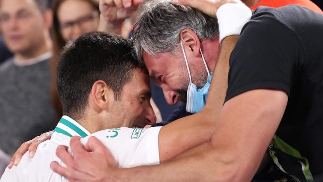 Victorious Novak Djokovic embraces coach Goran Ivanisevic. Picture: AFP