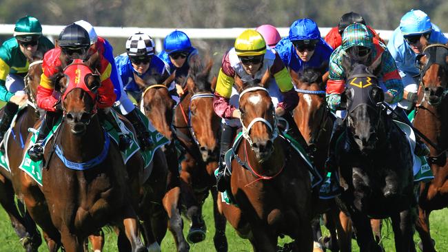 Loving home ridden by Tye Angland  (yellow cap, maroon with yellow armbands) wins race 1 during Scone  Races located in the Upper Hunter Region of NSW. The Bend . Pic Jenny Evans