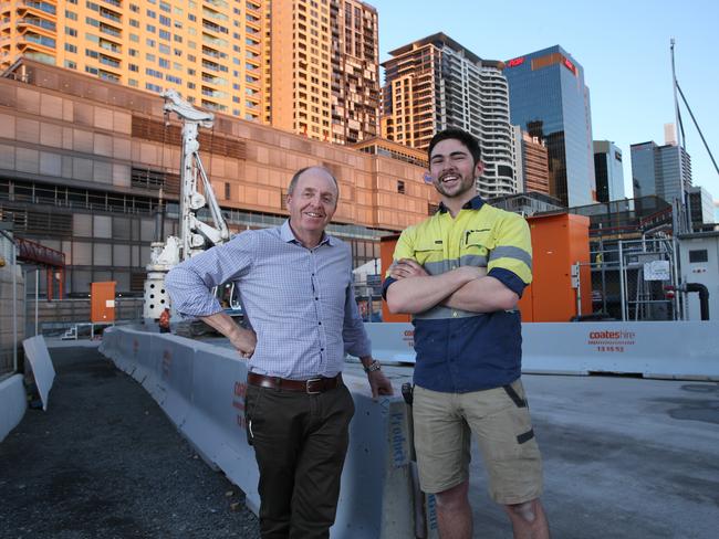 07/08/2019. Craig Scannel, former Senior Site Manager Barangaroo with 2nd year Carpentry apprentice James Parnis on the construction site of 'One Sydney Harbour' at Barangaroo in Sydney. Employers have warned Scott Morrison that urgent, significant changes to the nation's training system are required to deliver an unprecedented infrastructure pipeline driving demand for skilled workers. Britta Campion / The Australian