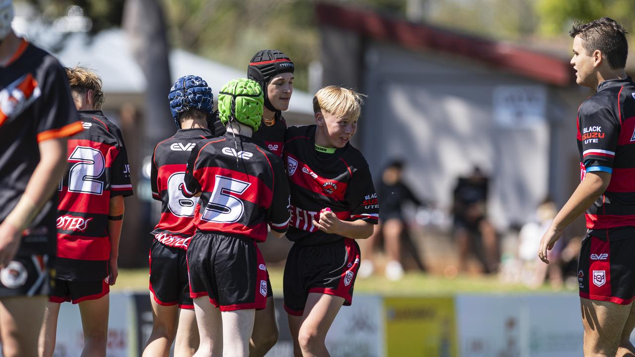 Valleys celebrate a try against Southern Suburbs in U13/14 boys Toowoomba Junior Rugby League grand final at Toowoomba Sports Ground, Saturday, September 7, 2024. Picture: Kevin Farmer