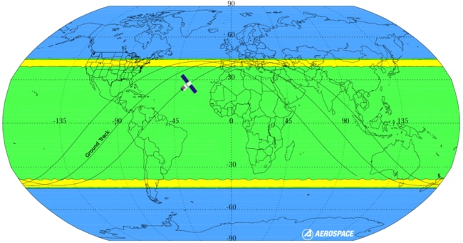 The areas believed Tiangong-1 is believed most likely to crash are represented by the yellow bands. The green band means there is some risk, while the blue areas are believed to be outside the space station's reach. Picture: Aerospace
