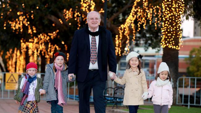 Parramatta Lord Mayor Andrew Wilson and Jessie, Ella, Sienna and Estelle take a tour of Prince Alfred Square where Winterlight will be installed later this week.