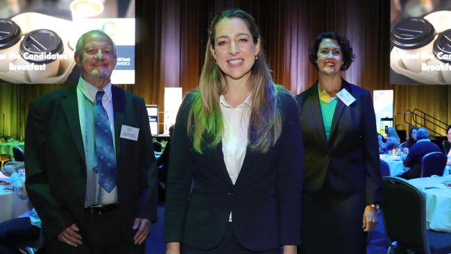 Currumbin candidates Peter Burgoyne (greens) Laura Gerber (LNP) and Kaylee Campradt (ALP) at the Central Chamber of Commerce 2020 election candidates breakfast at the Gold Coast Convention Centre. Picture: Glenn Hampson.