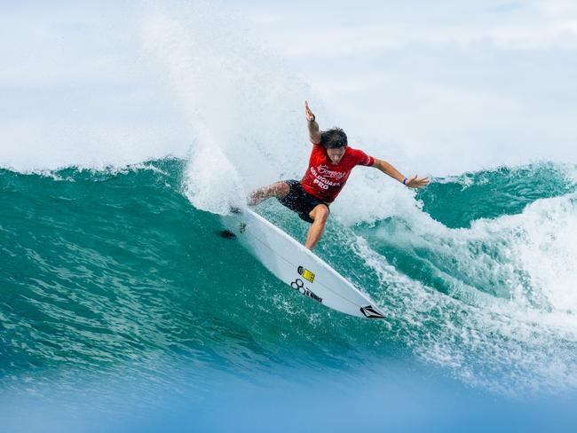 GOLD COAST, QUEENSLAND, AUSTRALIA - APRIL 27: Charly Quivront of France surfs in Heat 3 of the Round of 80 at the Bonsoy Gold Coast Pro on April 27, 2024 at Gold Coast, Queensland, Australia. (Photo by Cait Miers/World Surf League)