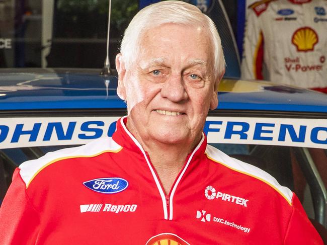 Dick Johnson Racing Supercars.** EMBARGO FOR FRIDAYS PAPERS 6/11 ** Shell V-Power Racing Team announce 2021 driver line up - Anton De Pasquale and Will Davison.Dick Johnson with the rock that took him out in 1980 and the Ford Falcon that won the championship the following year.Picture: NIGEL HALLETT