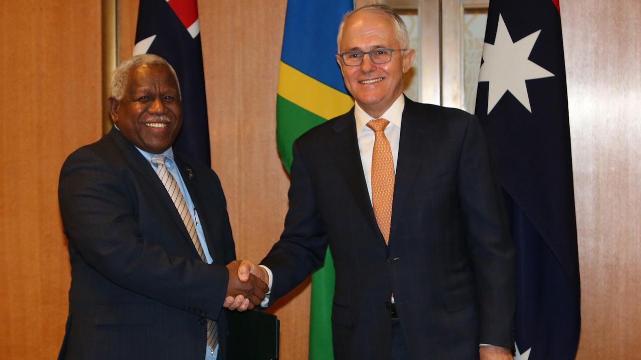 Prime Minister Malcolm Turnbull with the Prime Minister of the Solomon Islands, Rick Houenipwela. Picture: Kym Smith