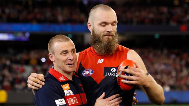 Max Gawn and Simon Goodwin enjoy Friday night’s win. Pic: Getty Images