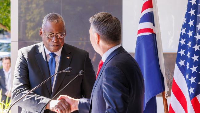 Richard Marles meets the US Defence Secretary, Lloyd Austin, before Australia-US Ministerial Consultations in Brisbane last July. Picture: Ian Waldie/Bloomberg