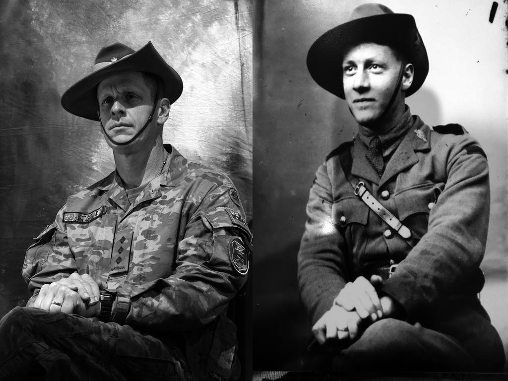 Left: Captain Jason Tuffley, 45, from Broadbeach Waters, Qld. Picture: Gary Ramage The photograph on the right is an original taken in France during WW1 of Lieutenant Alexander Fullford Bechervaise. He enlisted on January 11, 1915, a few weeks short of his 20th birthday. He served at Gallipoli with the 5th Battalion in August 1915. On August 8, 1918, during the offensive at Amiens, Bechervaise was awarded the Military Cross.