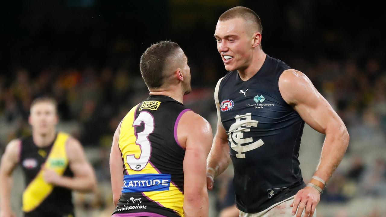 Dion Prestia of the Tigers and Patrick Cripps of the Blues. Picture: Michael Willson