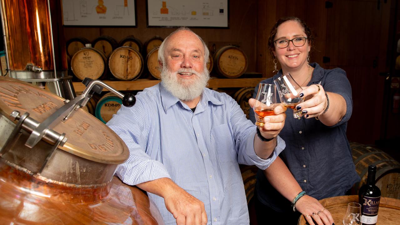 Founder of Lark Whisky Bill Lark and President of the Tasmanian Whisky and Spirit association Kristy Lark-Booth at Killara distillery in Richmond. Picture: Linda Higginson