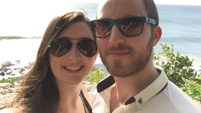 Lauren Britton with boyfriend Rob Pemberton in Bali. They ended up $5000 out of pocket when their flights home were delayed by volcanic ash. Picture: Supplied