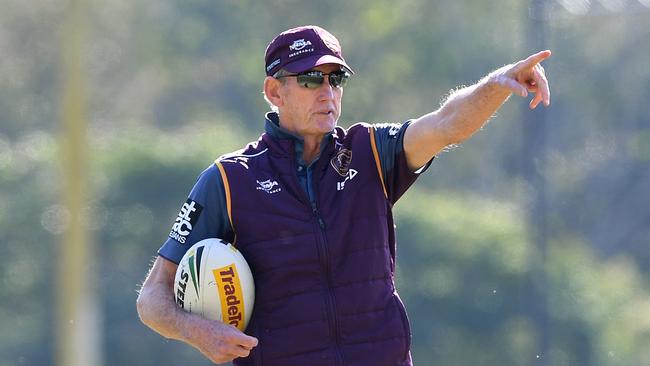 Coach Wayne Bennett watches over a Broncos training session. Picture: AAP