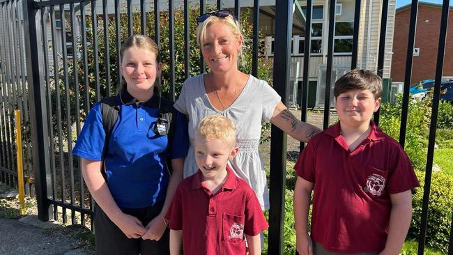 Latasha Robertson, Louise Parkinson, Lucas Taylor and Kayden Smyth at their first day of school at Nambour State School in 2023. Photo: Chelsea Heaney