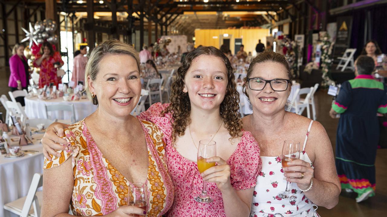 At the Pink High Tea are (from left) Nicole Cardow, Sarah Cardow and Amanda Smith raising funds for the Toowoomba Hospital Foundation at The Goods Shed, Saturday, October 12, 2024. Picture: Kevin Farmer