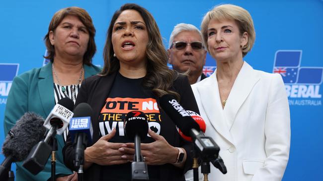 (L-R) Kerrynne Liddle, Jacinta Nampijinpa Price, Warren Mundine and Michaelia Cash hold a press conference before attending a No campaign event in Perth.