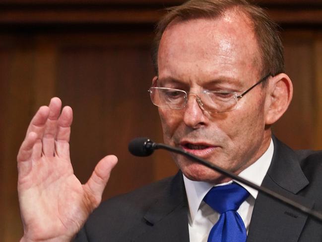 Former prime minister Tony Abbott speaks during the launch of a new book by Dr Kevin Donnelly at the Sofitel Wentworth Hotel in Sydney, Tuesday, November 20, 2018. (AAP Image/Ben Rushton) NO ARCHIVING