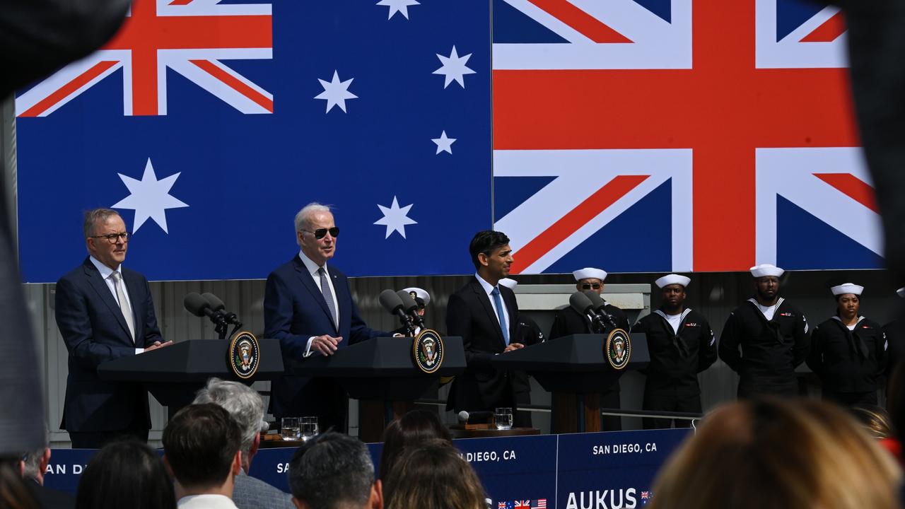 Anthony Albanese, Joe Biden and Rishi Sunak announced the AUKUS optimal pathway last week. Picture: Tayfun Coskun/Anadolu Agency via Getty Images