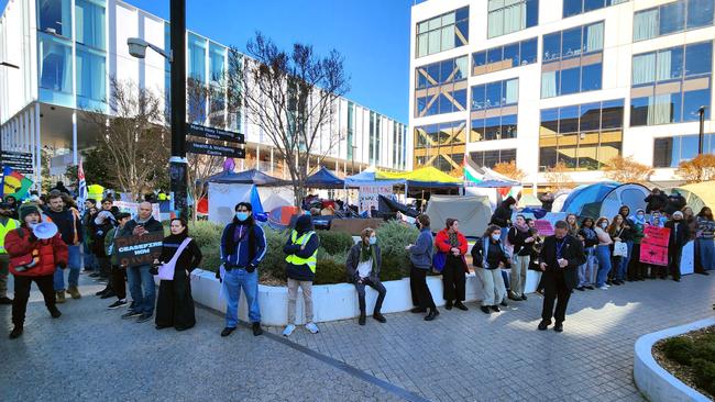 The pro-Palestine encampment protest on ANU’s campus defies an order to move last month (organisers changed their minds later that night). Picture: NewsWire / Martin Ollman