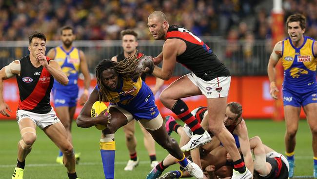 Nic Naitanui’s tangle with Zac Merrett caused both players to be fined. Picture: Paul Kane/Getty Images.