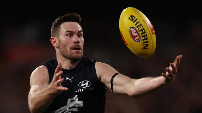 MELBOURNE – June 11: AFL. Mitch McGovern of the Blues during the round 13 AFL match between Carlton and Essendon at the MCG on June 11, 2023, in Melbourne, Australia. Photo by Michael Klein.