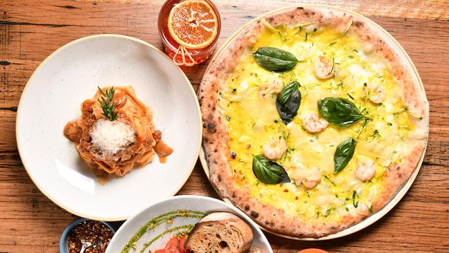 The Fettuccine Al Ragu, Buratta and Zafferano pizza at Maybe Frank in Randwick. Picture: Joel Carrett