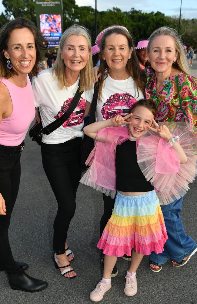 Socials at Pink convert at Townsville's Quensland Country Bank Stadium. Jo Vitone, Fabi Regis, 8, Malu Regis, Janette Laver and Jenny Turner. Picture: Evan Morgan