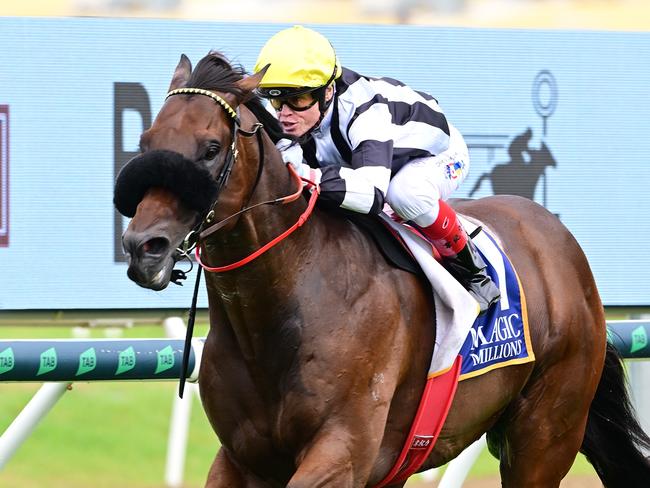 Barassi wins the rich Magic Millions Maidens Plate for trainers Trent and Toby Edmonds and jockey Craig Williams. Picture: Grant Peters, Trackside Photography.